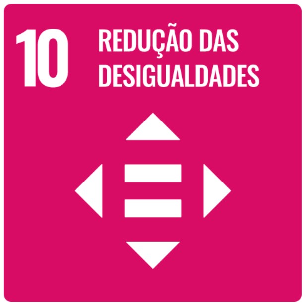 Selo do ODS número dez composto por quatro setas em volta do simbolo de igual com os dizeres: Redução das desigualdades.