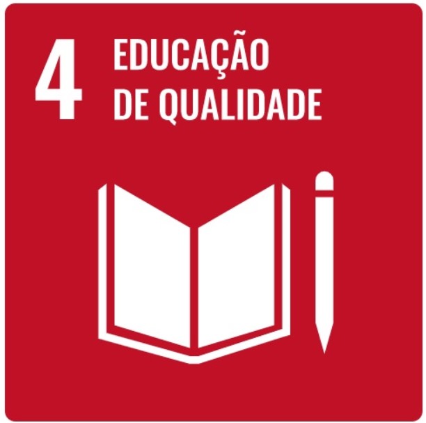 Selo do ODS número quatro com um livro e um lápis com os dizeres: Educação de qualidade.